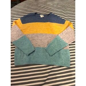 HM Womens Colorblock Striped Crewneck Sweater Blue Yellow Teal Grey Small